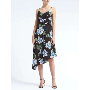 Banana Republic Black Floral Asymmetrical Strappy Wrap Ruffle Dress Size 2